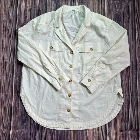 Free People Sunshine In My Pockets Buttondown Thick Linen Cotton Long Sleeve - Picture 9 of 13